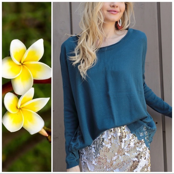 Midnight Blue Teal Boho Lace Panel Sweater - Picture 4 of 7